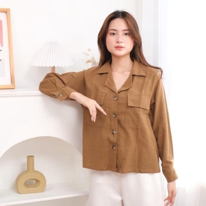 Kemeja Outer Linen | Kemeja Oversize Wanita | Kemeja Wanita Pocket Wanita Zeela - HOPYLOVY