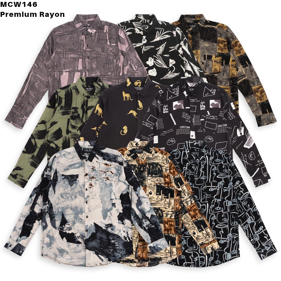 MCW146 PREMIUM RAYON | SLIMFIT LONG BLACK FLORAL ALFA M-XL | KEMEJA PANJANG PRIA HAWAIIAN HITAM |KEM