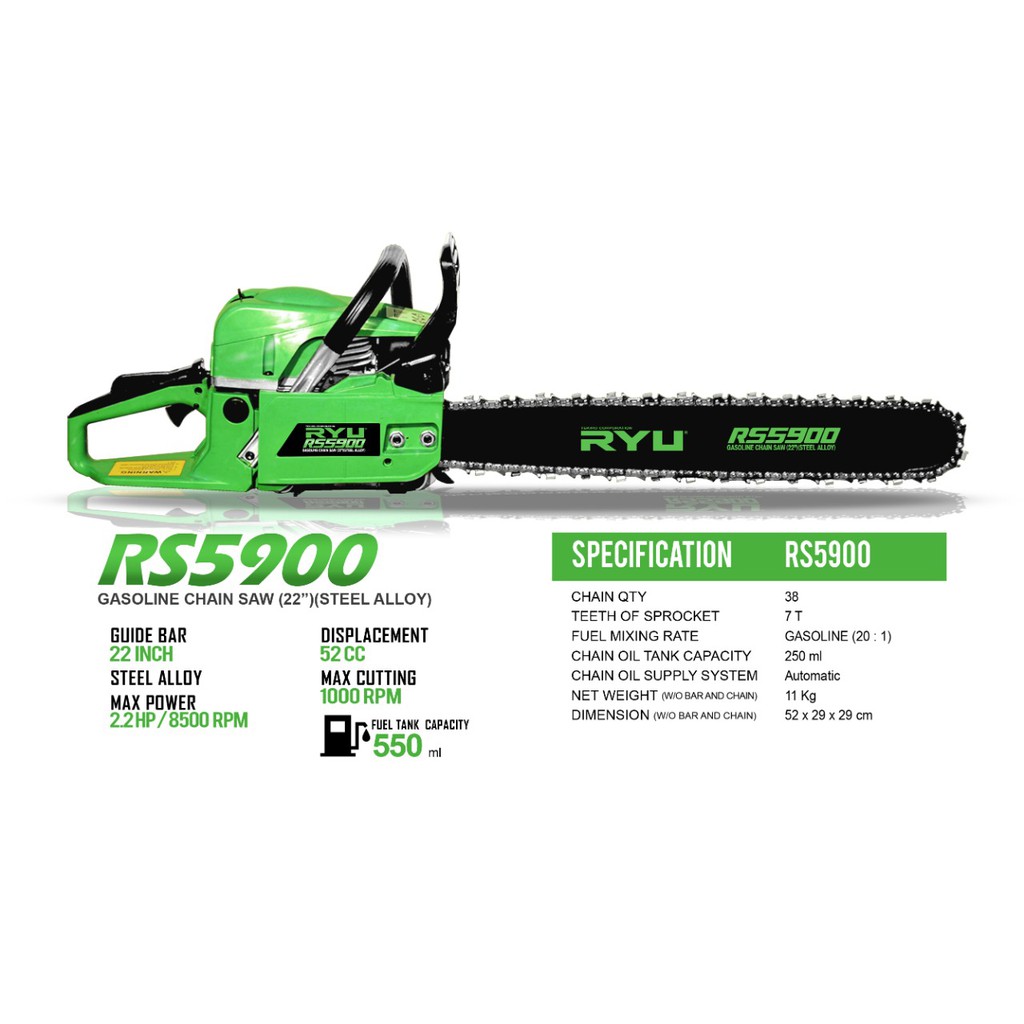 Mesin Gergaji Kayu Chain Saw RYU RS5900 22" / Gergaji Mesin Kayu
