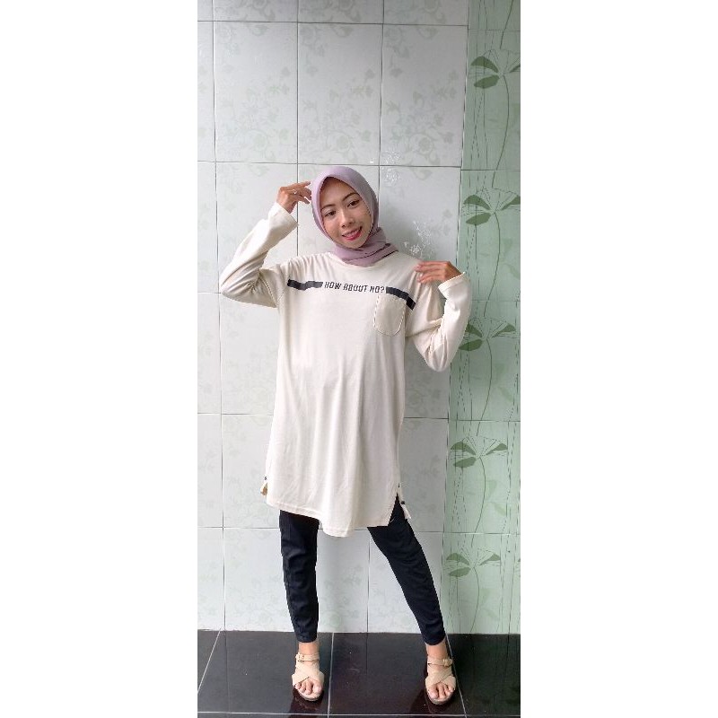 Tunik wanita bahan kaos / kaos panjang wanita Beige