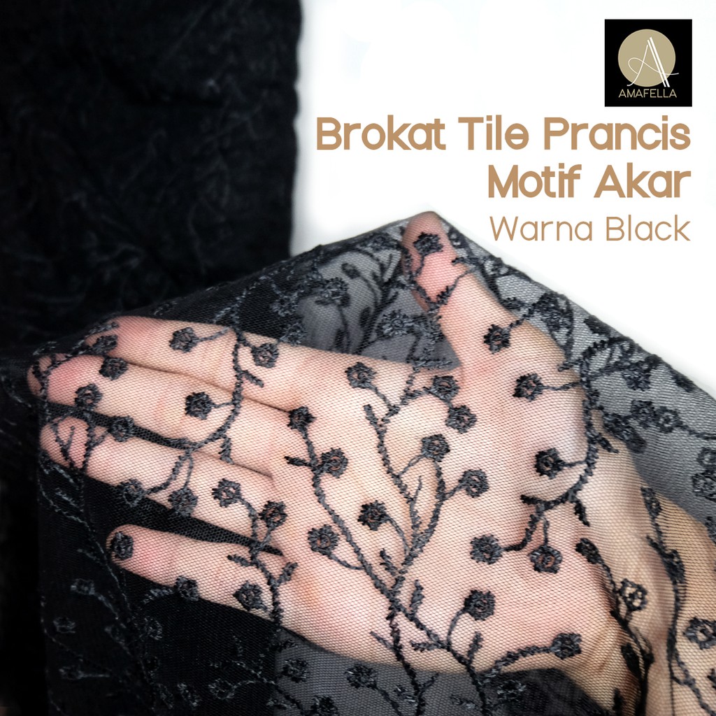 1/2 meter Kain Brokat Tile Prancis Bahan Kebaya Motif Akar Black Hitam