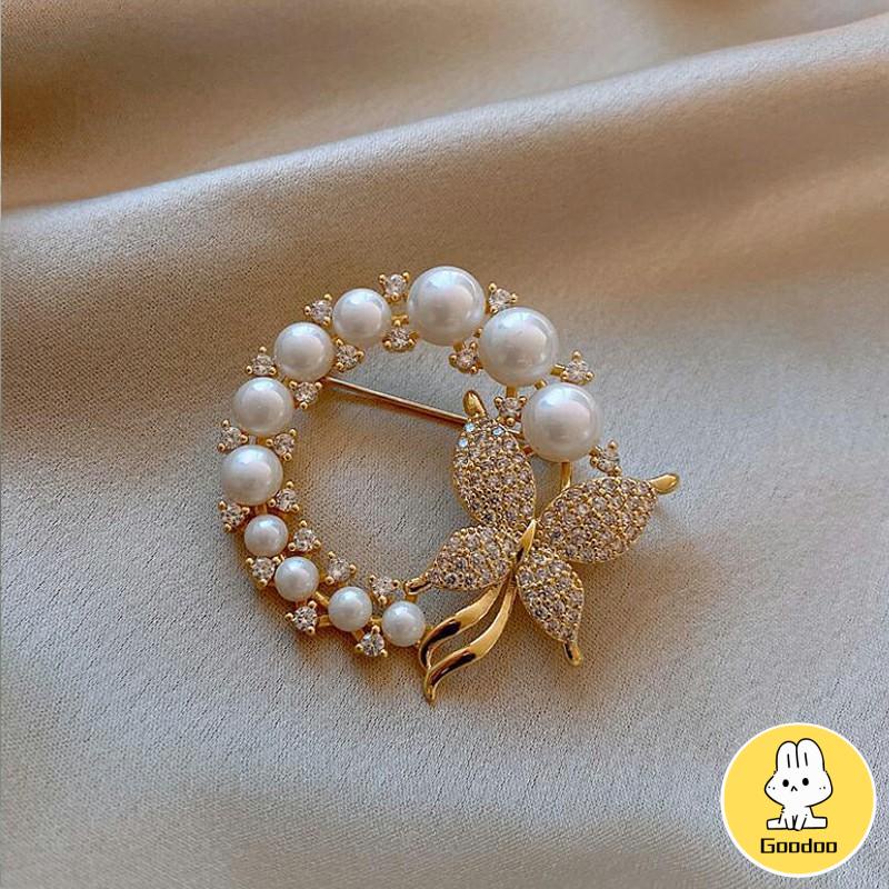 Candy Jewelry Fashion Korean Butterfly Brooches Gold Color Pearl Brooch Pins Rhinestone Breastpin for Women -Doo