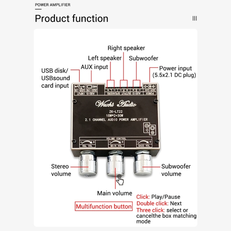 Btsg ZK-LT22 Subwoofer Amplifier Board 2.1CH 15W+15W+30W Stereo Amplifier Board