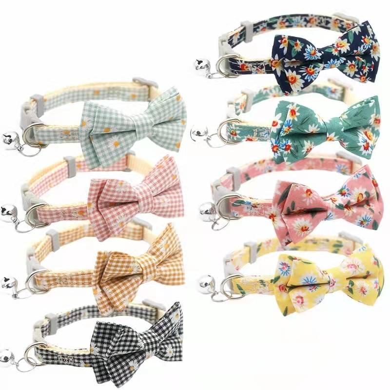 Pet cat bow collar Dengan Bell double nylon Detachable bow cat and dog Daisy Necklace