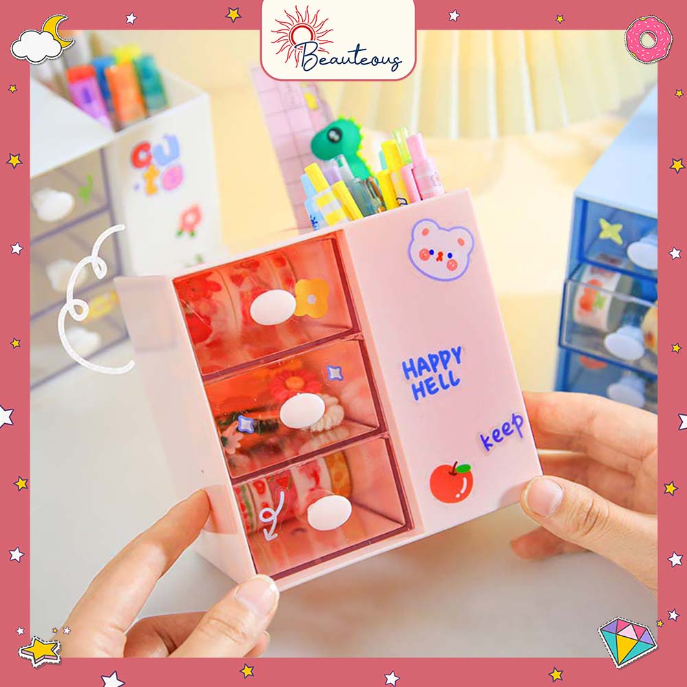 Kotak Laci Mini Tempat Make Up Storage Tempat Pensil Stackable Mini Serbaguna Free Sticker