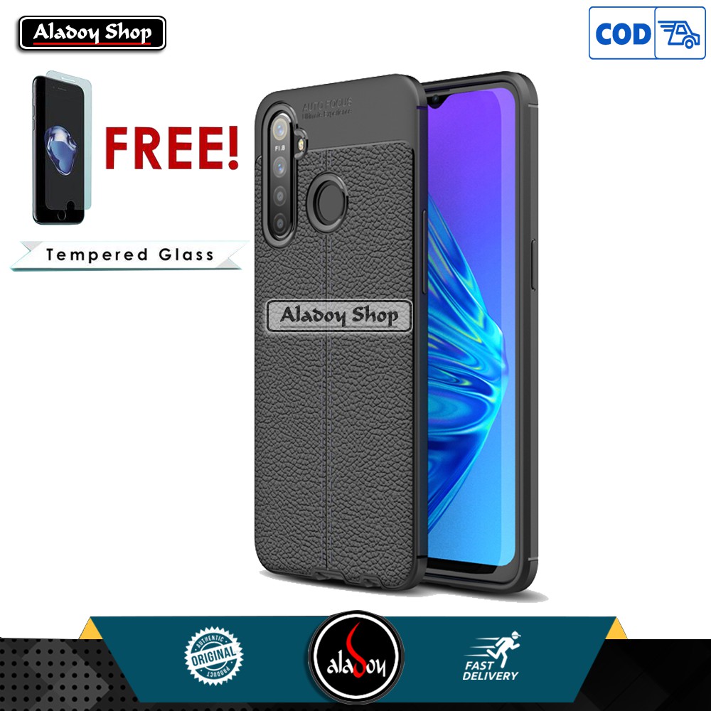 PROMO PAKET Case Autofocus Leather Premium Softcase + Tempered Glass Pelindung Layar Realme 5 / 5i