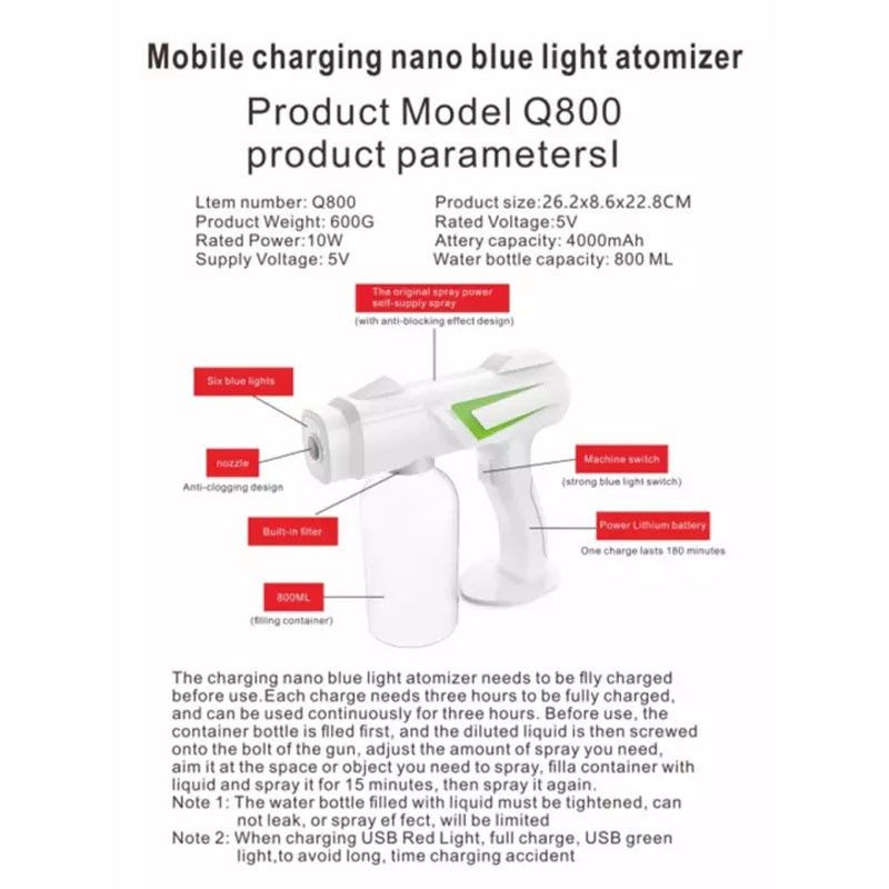 Nano Spray Gun 800ml - Disinfectant Spray Gun Portable Wireless - Alat Semprot Tembak Disinfektan - Fogging Machine Disinfection UV Blue Light