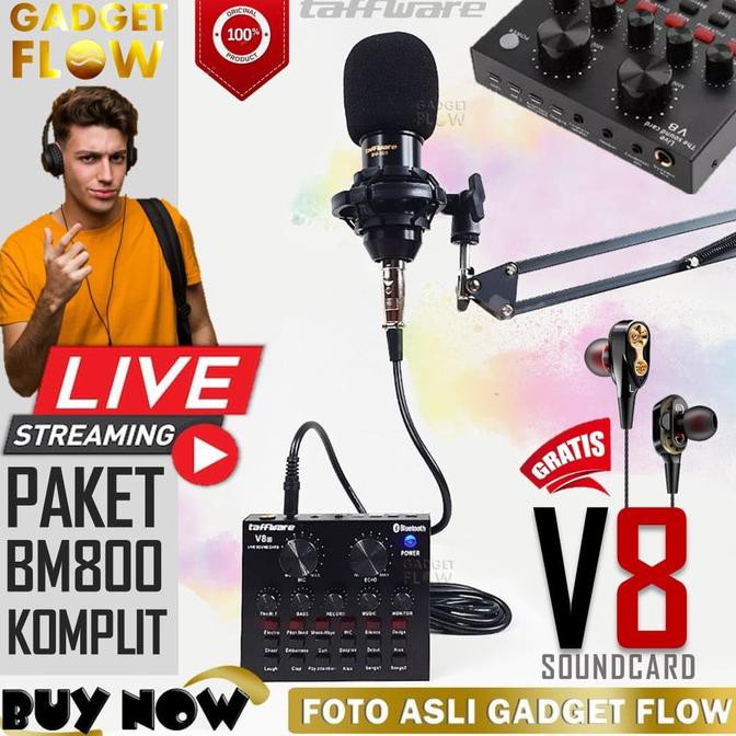 PAKET KOMPLIT MIC BM800 STAND MICROPHONE BM 800 SOUNDCARD MIXER V8 - HITAM