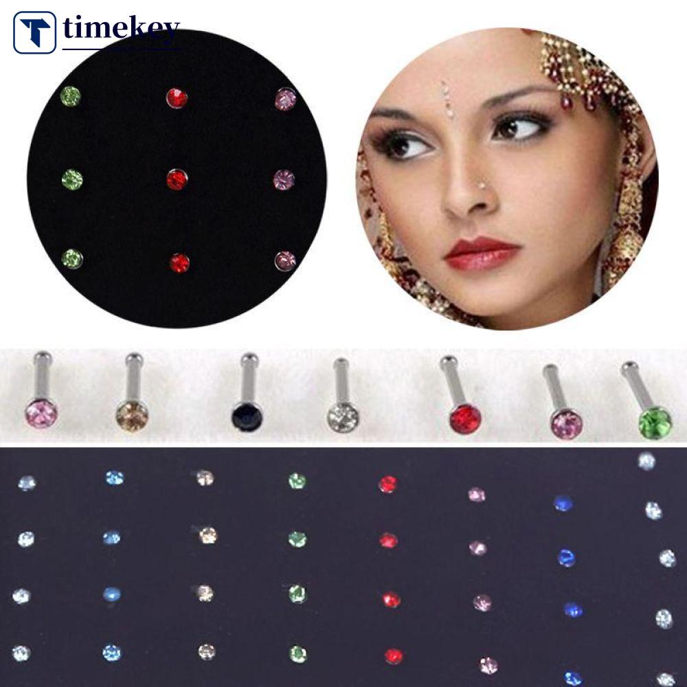 Timekey 40pcs Cincin Tindik Hidungtubuh Bahan Surgical Steel Hias Kristal Aneka Warna Untuk Wanita E5M7