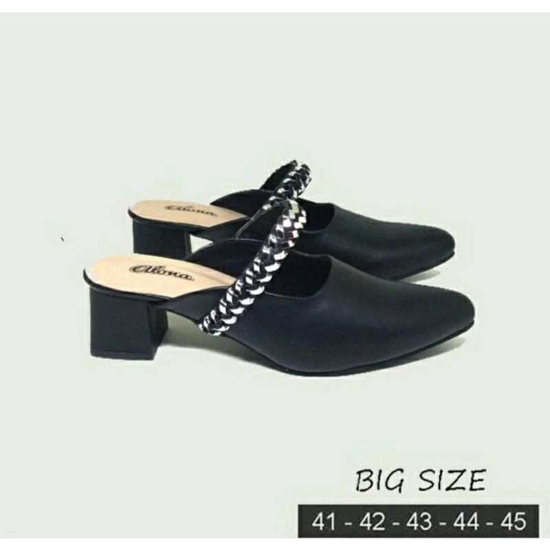 COD / Higheels Alonaid Big Size 41-45 Bustong kulit 5cm Slop JUMBO Wanita Ukuran Besar Hitam, 44