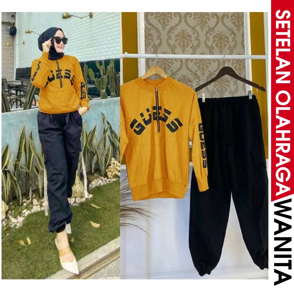 Setelan baju senam aerobic zumba out door baju senam muslim Kuning lis abu rok baju senam muslim i