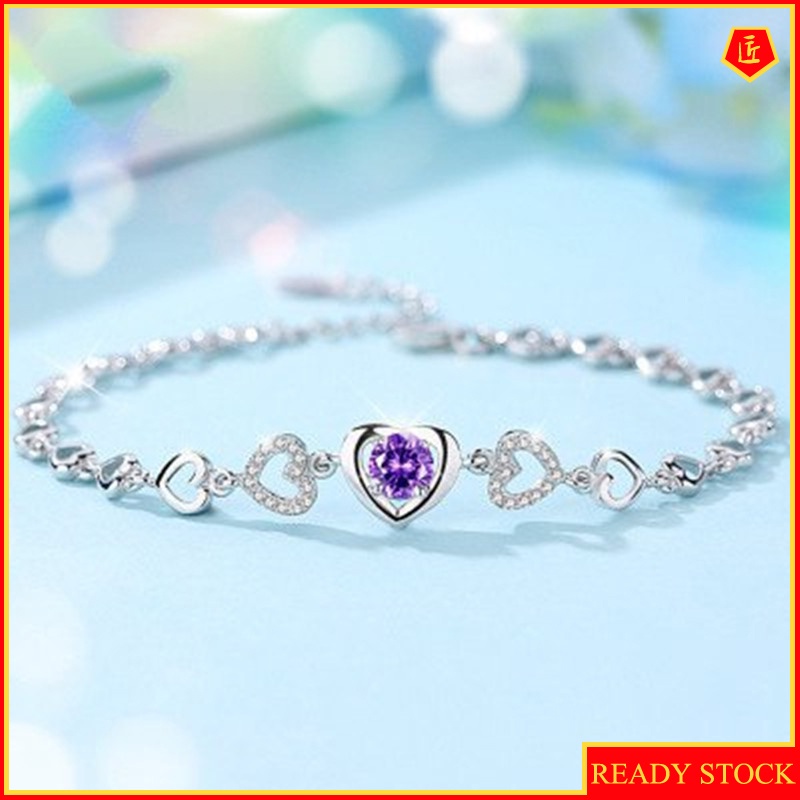 [Ready Stock]925 Silver Fashion Heart-Shaped Hollow Purple Diamond Bracelet