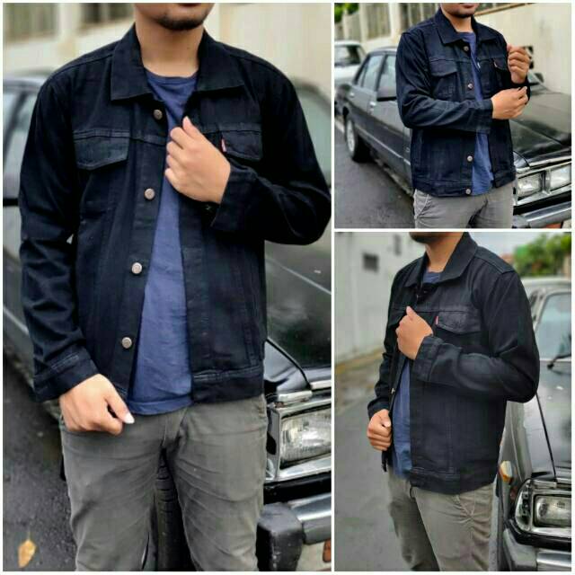 Jaket jeans printing hitam pekat snow pria - jeans jacket