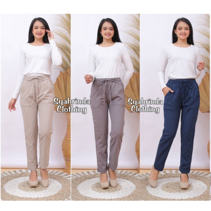 Celana Pants Panjang Baggy Wanita Linen Krinkel Premium Bawahan