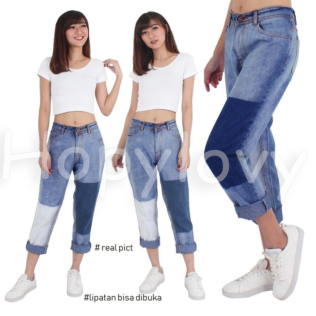 HOPYLOVY Celana  Boyfriend  Jeans  Double Patch Block 