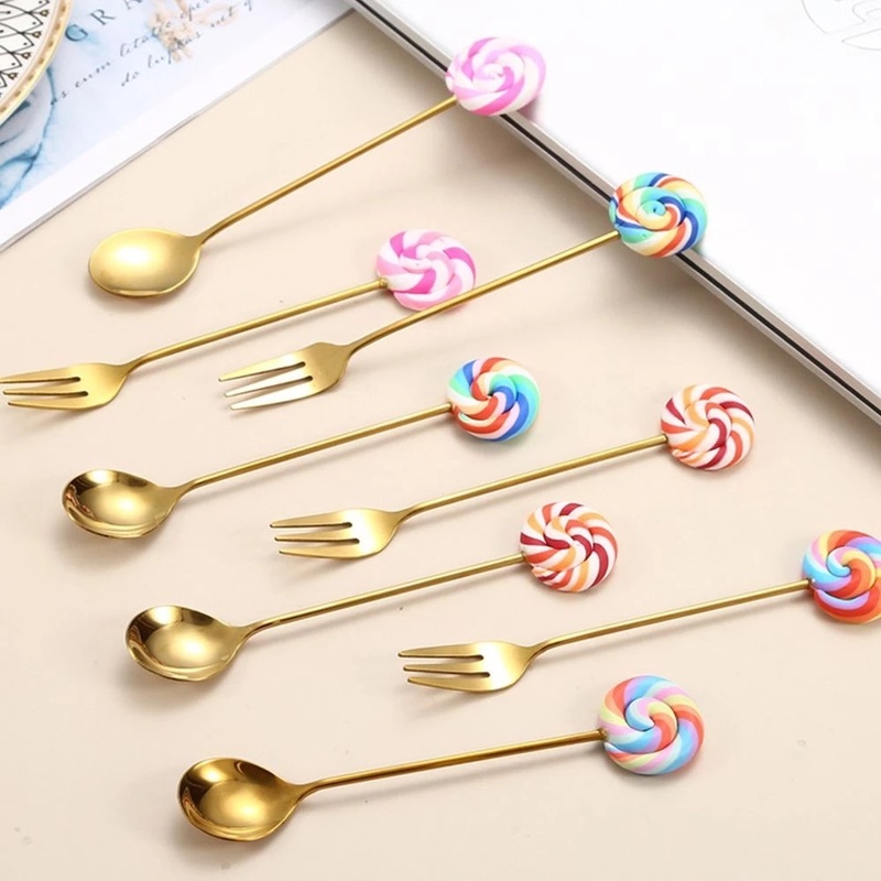 [Creative Donut Lollipop Fork Spoon Cutlery] [Cute Stainless Steel Dessert Fruit Fork, Ice Cream Spoon] [Teaspoon, Coffee Stirring Spoon] [Children's Tableware]