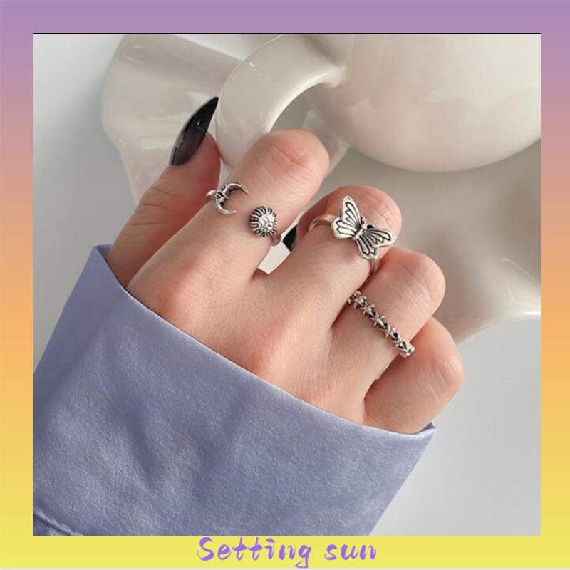 Cincin Gabungan Terbuka Kreatif Retro Star Moon 3-piece Set Cincin TN