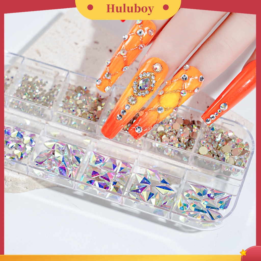 Huluboy Huluboy♡ 12 Grids / Box Berlian Imitasi Glitter Warna-Warni Untuk Dekorasi Nail Art
