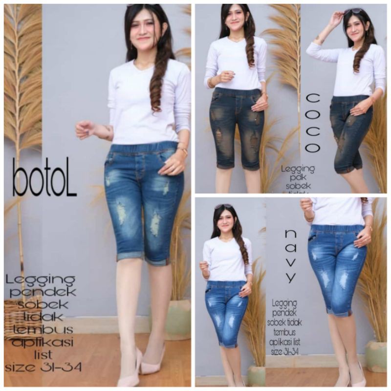 celana jeans pendek wanita jeans 7/8 list legging jeans pinggang kolor rip jeans sobek street