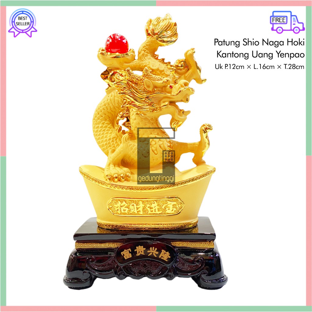 Pajangan Patung Hiasan Imlek Rejeki 12 Shio Naga Yenpao Fengshui Lucky Uang Emas Gold Besar XL Resin