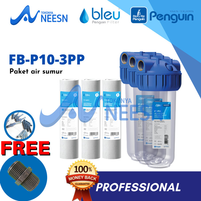 Paket Filter Air sumur/tandon/toren penguin 3 FB 10 inch PP PRO kuningan