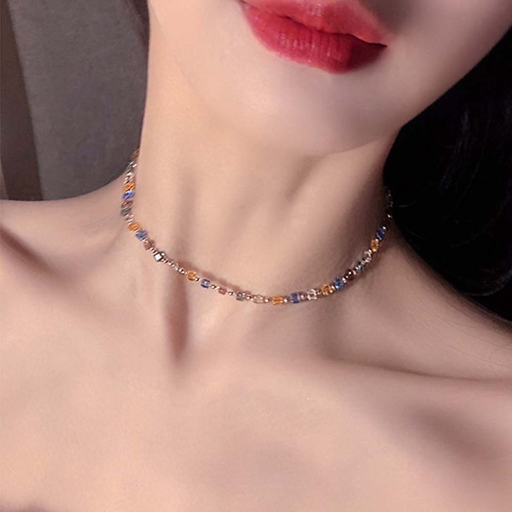 Needway  Temperament Beaded Necklace Personality Fashion Jewelry Clavicle Chain Women Wild Korean Girls Crystal Simple Choker/Multicolor