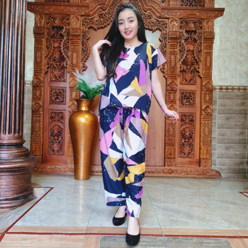 Setelan Celana Panjang One Set Piyama Bali Ethnic Batik-JStrip NavY