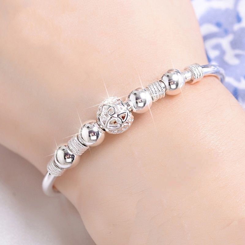 Gelang Manik-Manik Keberuntungan Adjustable Warna Silver Untuk Wanita