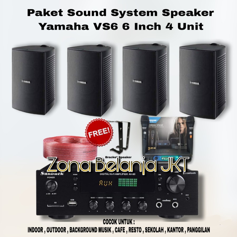 PAKET SOUND SPEAKER YAMAHA VS6 6 INCH SPEAKER CAFE RESTO KARAOKE 4 SPEAKER AMPLIFIER USB BLUETOOTH MIC WIRELESS ( YM-3 )