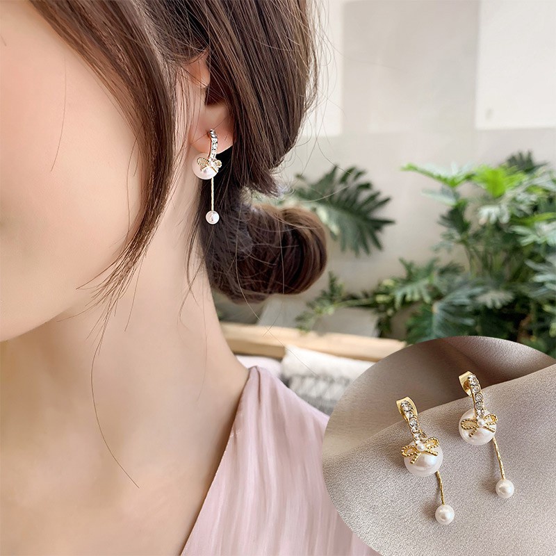 Anting Tusuk Sterling Silver 925 Desain Pita Hias Mutiara Imitasi Untuk Wanita