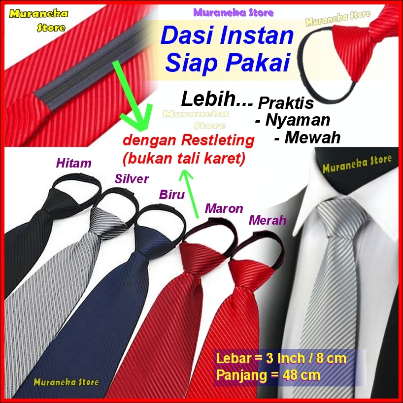 Dasi Pria Instan Resleting Garis Salur Instant Langsung Siap Pakai Jadi Otomatis Hitam Zipper Formal Merah Warna Biru SIlver tie Necktie Praktis Velcro Remaja Polos Wisuda Seragam Kerja Kantor Pengantin Set Resmi Mewah Simpel Slim Wedding Premium Inch cm