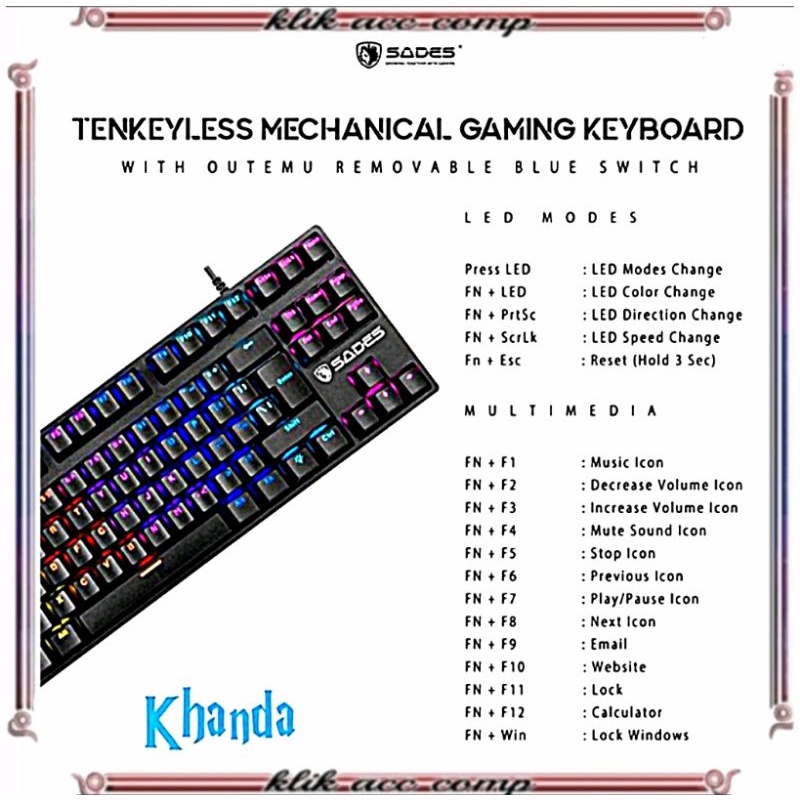 Keyboard Gaming Mechanical TKL RGB Sades Khanda Removable Switch / SADES KHANDA