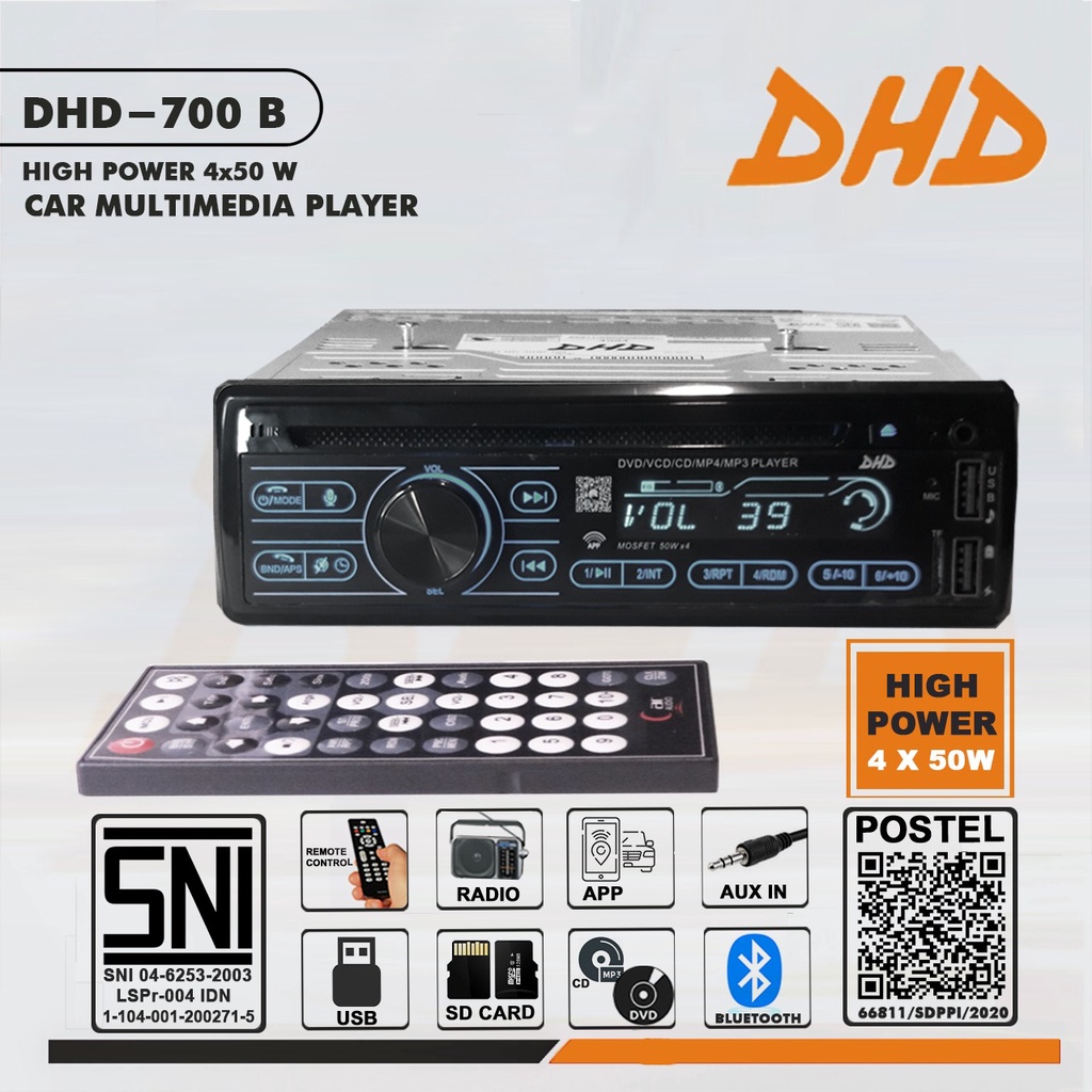 Head Unit Single Din DVD Bluetooth DHD-700 Tape Multimedia Player