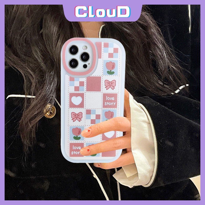 IPHONE Casing Ponsel Hati Cinta Kartun Lucu Kompatibel Untuk Iphone6 6s 7 8 Plus 11 12 13 14 Pro Max SE 2020 X XR XS Max Ultra Tipis Full Lembut TPU Indah Dasi Kupu Bunga Kotak-Kotak Gadis Pink Cover