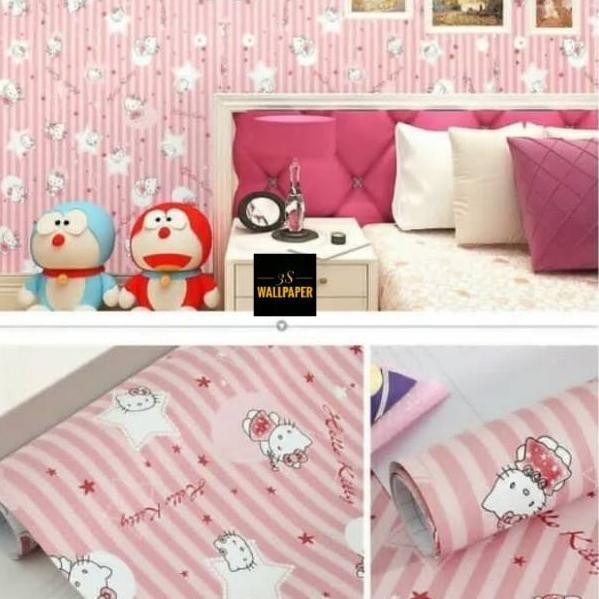 Wallpaper Sticker Dinding Hello Kitty Bintang Garis Ukuran Panjang 10Meter x Lebar 45CM