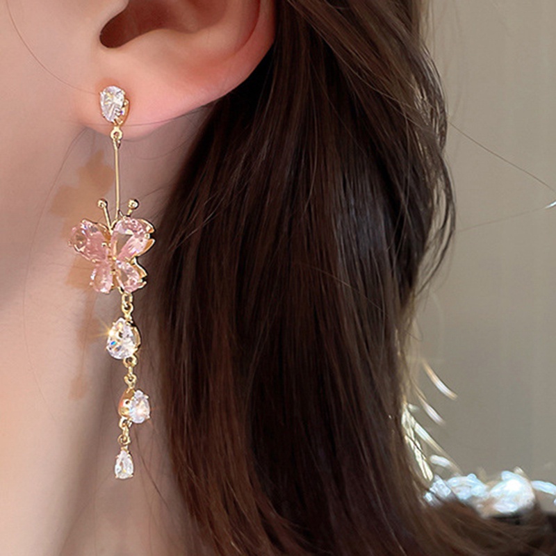 Anting Tusuk Gantung Bahan Sterling Silver Desain Kupukupu Hias Zircon Untuk Wanita Butterfly