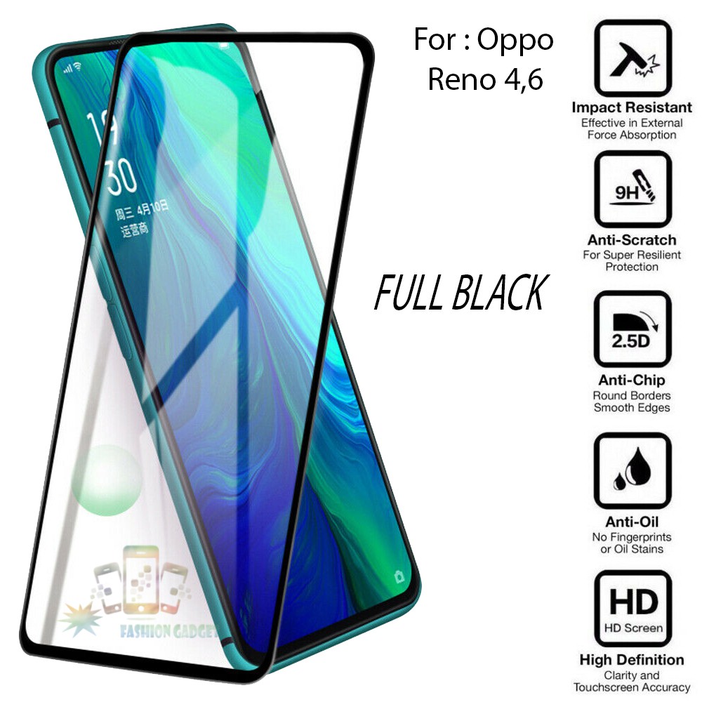 Tempered Glass Oppo Reno 6,4 Full Black / Pelindung Layar HP Oppo Reno 6,4 / Anti Gores Kaca - HITAM