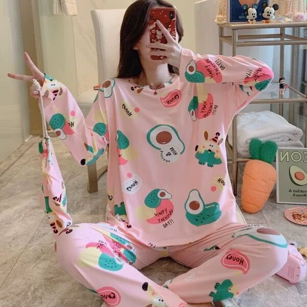 Baju Tidur Setelan Piyama Lengan Panjang Celana Panjang Set Wanita Stelan Perempuan Baju Santai Cewek Baju Rumah Hangat Fashion Korea bahan adem Import