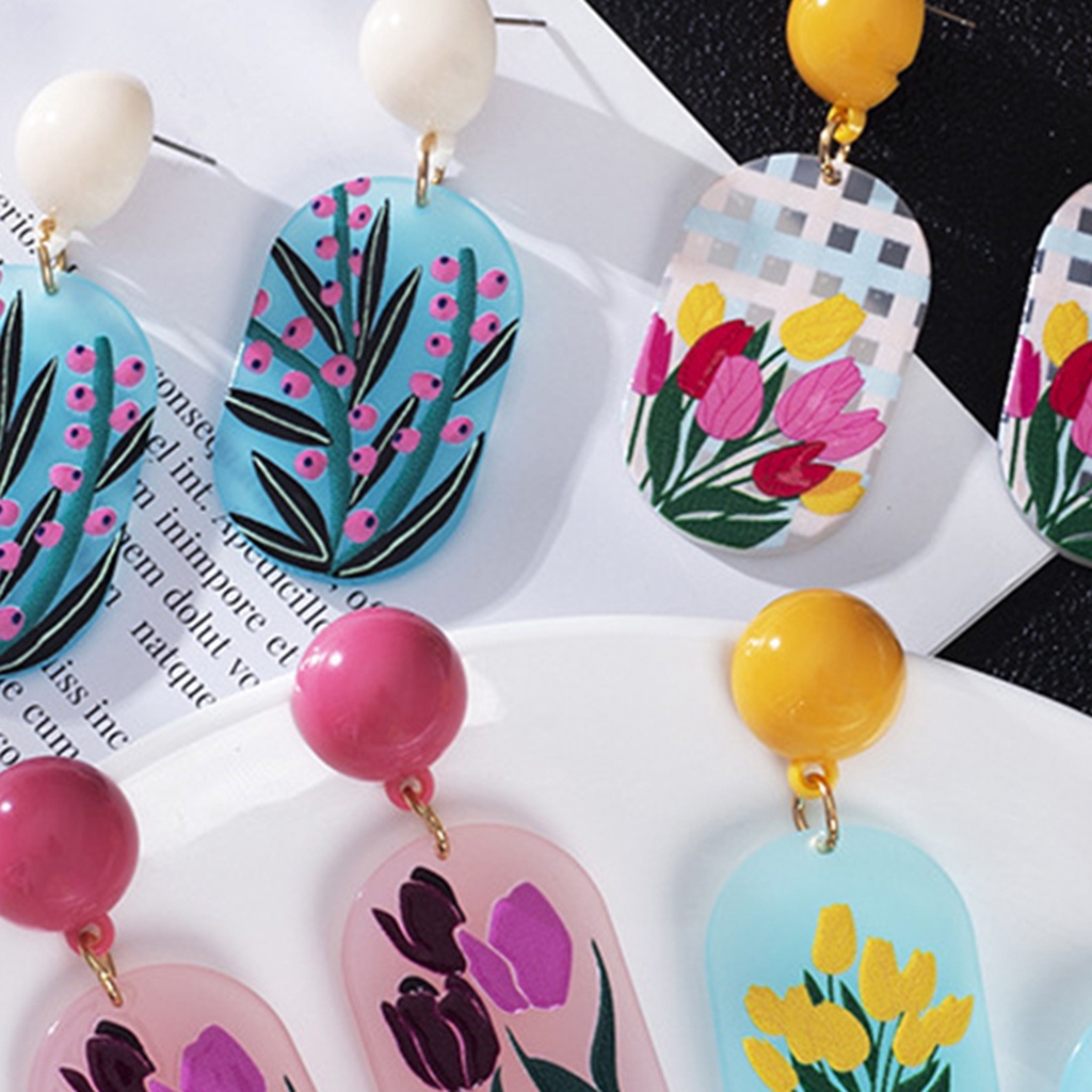 Hu Hu Hu Hu Hu Alat Bantu Pasang Kacamata♡ 1 Pasang Anting Stud Desain Print Bunga Tiga Dimensi Warna Cerah Untuk Wanita