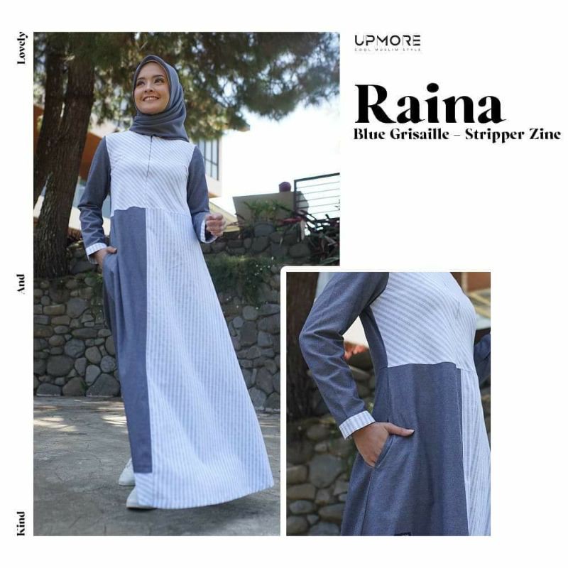 GAMIS RAINA BLUE GRISAILLE STRIPPER ZINC BY UPMORE GAMIS UPMORE DRESS LENGAN PANJANG