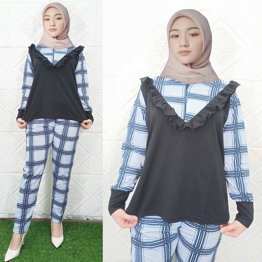 SETELAN AKIRA KOTAK V VEST HITAM SET BAJU DAN CELANA C89 CARLINA