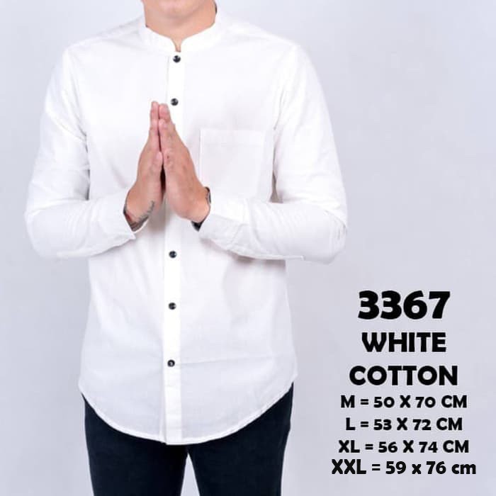 Baju Kemeja Lengan Panjang Pria Polos Kerah Shanghai Casual Slimfit Putih | Kemeja Cowok