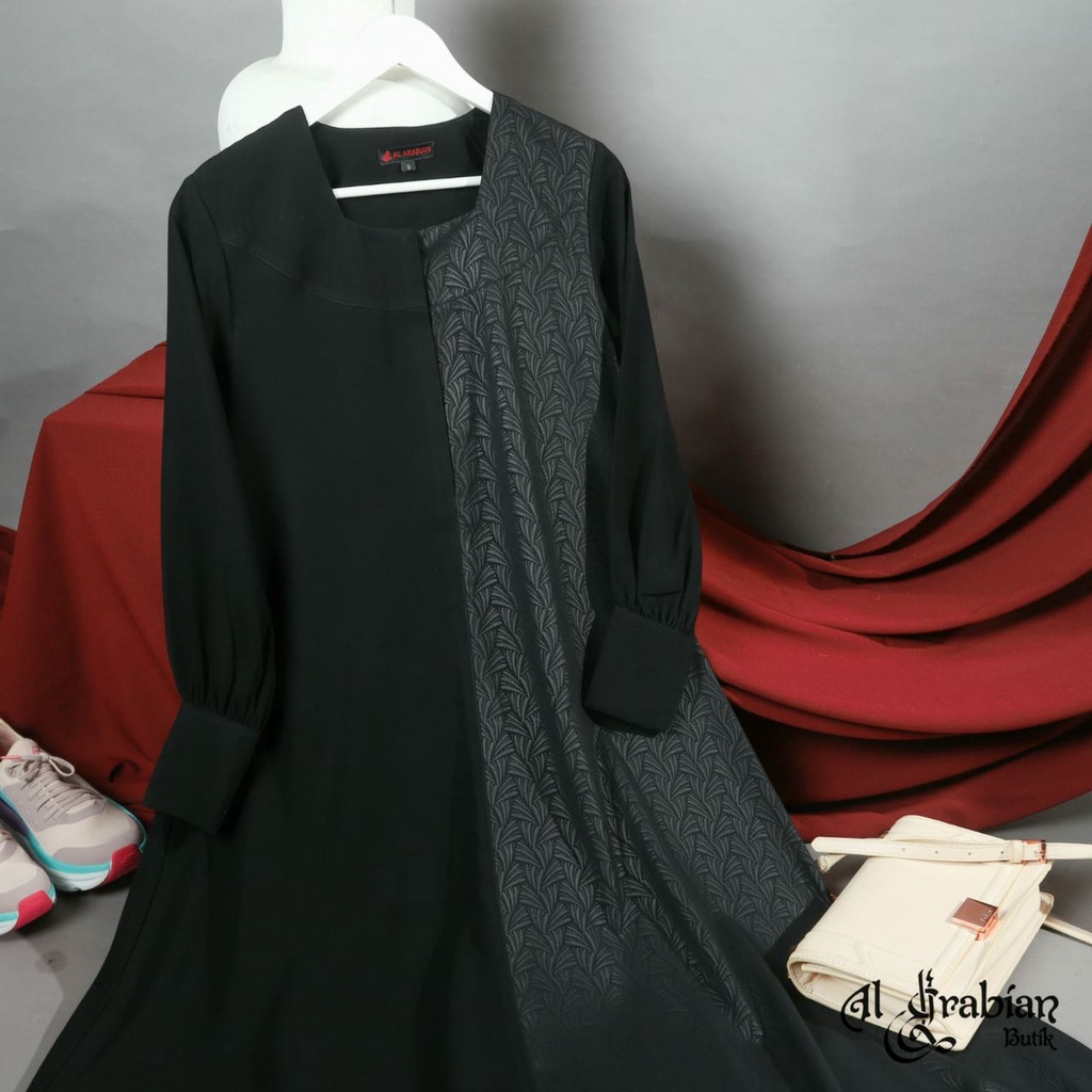 HAVVA ABAYA SERIES by ALARABIAN BUTIK klambieakhwat BISA COD | abaya hitam pekat khas timur tengah jetblack arabian mix abaya motif luminous halus ringan nyaman busui wudhu friendly resleting dada manset kerah bulat saku kanan