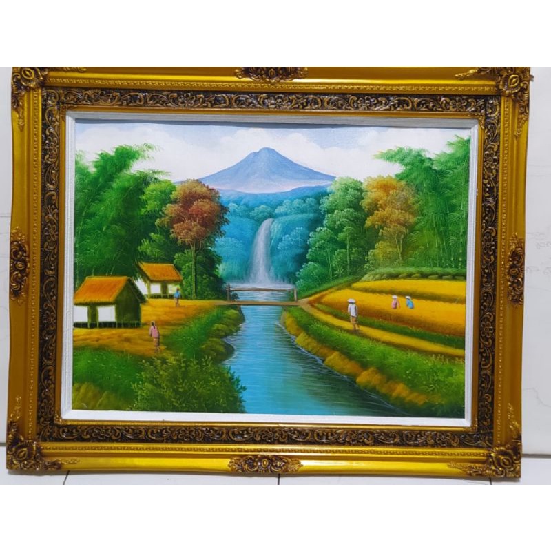 Lukisan pemandangan alam sawah ada air terjun nya asli buatan tangan bukan print atau cetakan harga 