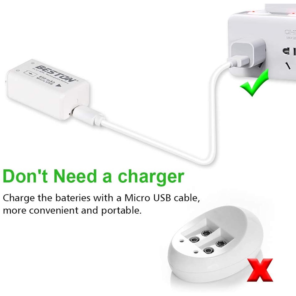 Baterai Isi Ulang BESTON 9V, Baterai Isi Ulang Li-ion 650mAh 9 Volt dengan Pengisian Mikro USB