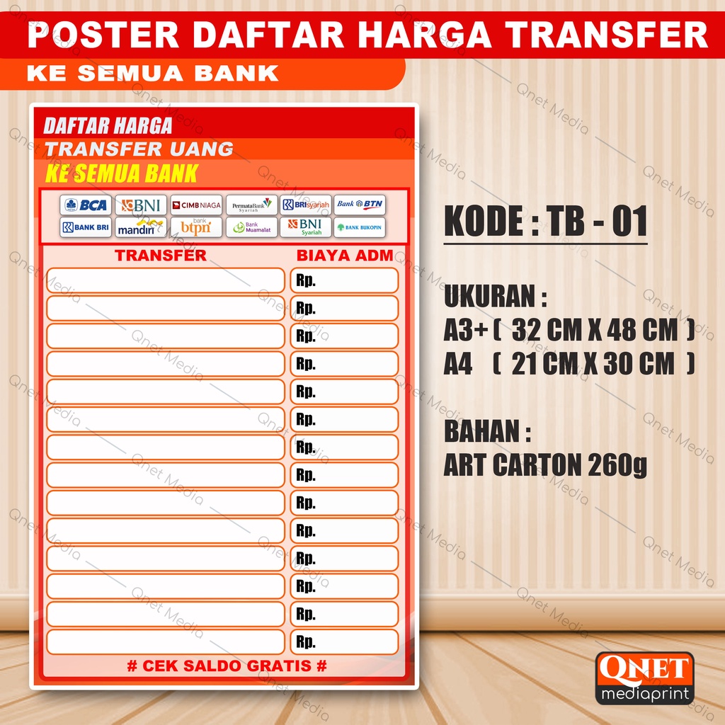 

POSTER DAFTAR HARGA TRANSFER KE SEMUA BANK + LAMINASI GLOSSY