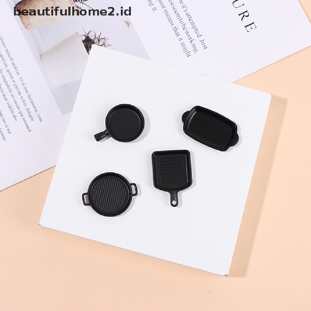 (Beautifulhome2.Id) 1 Set (4Pcs) Miniatur Piring Makan Warna Hitam Skala 1: 12 Untuk Rumah Boneka