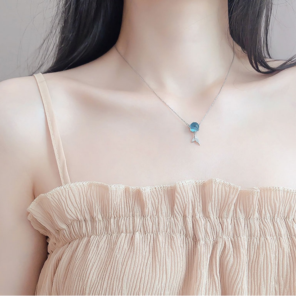 Kalung S925 Silver Hias Liontin Ekor Mermaid Warna Biru Busa Gaya Korea Untuk Wanita