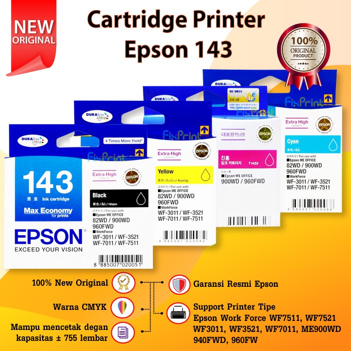 Cartridge Epson 143 T143 T 143 Printer WF 7511 7521 3011 3521 C13T1432