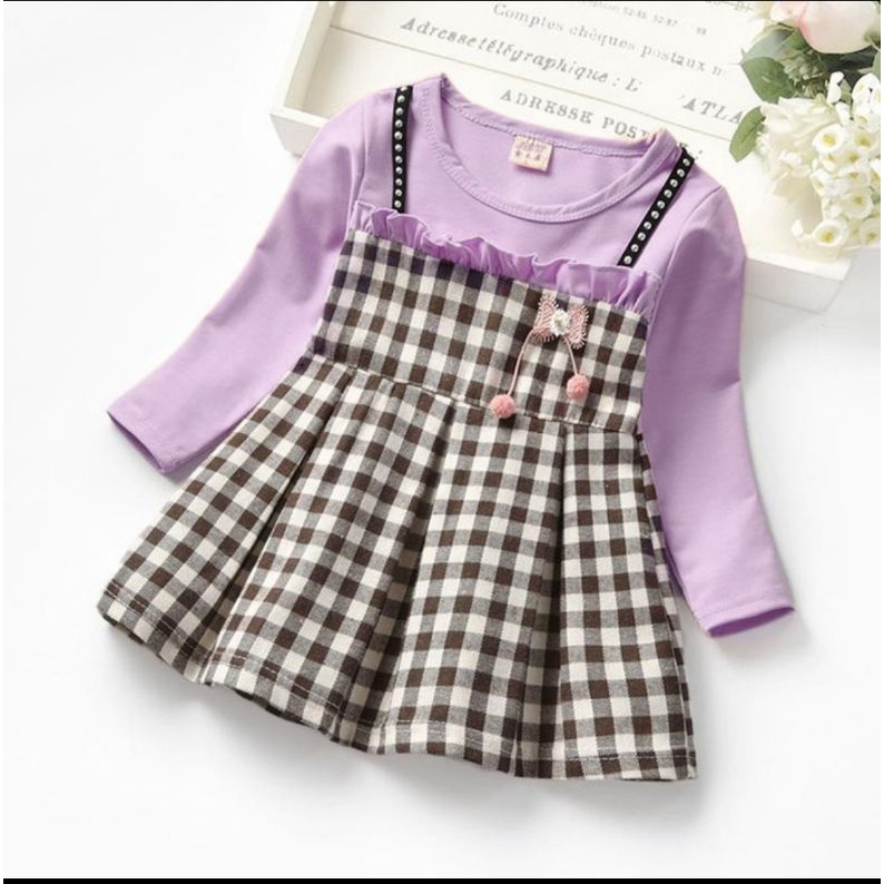 baju dress anak perempuan dress korea import 12-18 bulan lilac B9
